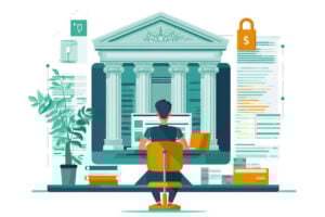 Illustration of a person sitting at a desk on a computer with a bank illustration behind it